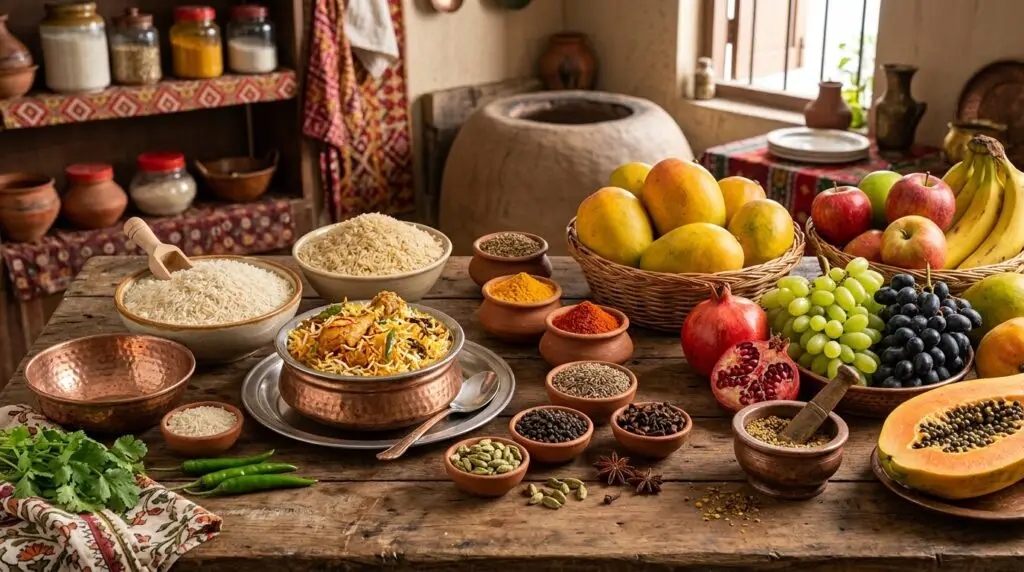 rice • spices • fruits
